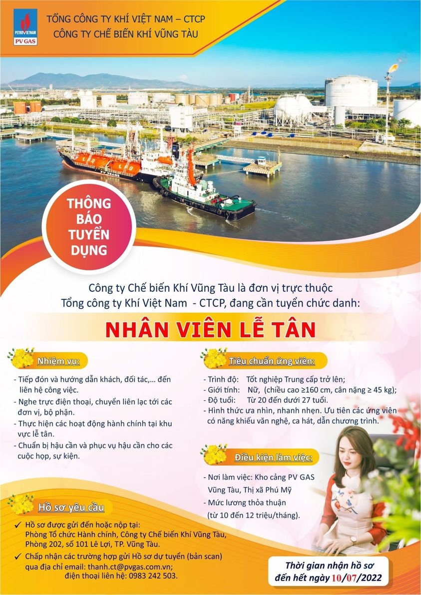 Công ty Chế biến Khí Vũng Tàu tuyển nhân viên lễ tân