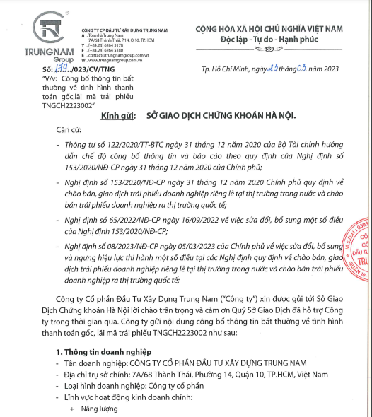 Trung Nam Group lại chậm thanh toán liên tiếp hai lô trái phiếu Trung Nam Group lại chậm thanh toán liên tiếp hai lô trái phiếu