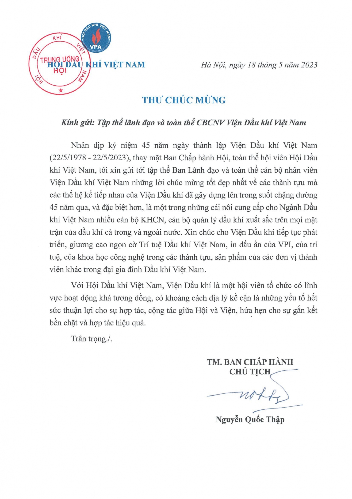 Chủ tịch Hội Dầu khí Việt Nam gửi thư chúc mừng kỷ niệm 45 năm ngày thành lập Viện Dầu khí Việt Nam