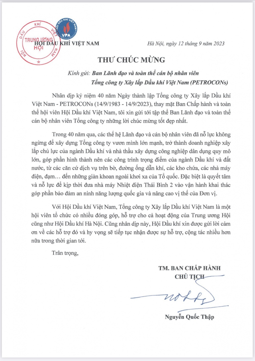 Chủ tịch Hội Dầu khí Việt Nam gửi thư chúc mừng Kỷ niệm 40 năm Ngày thành lập Tổng công ty Xây lắp Dầu khí Việt Nam
