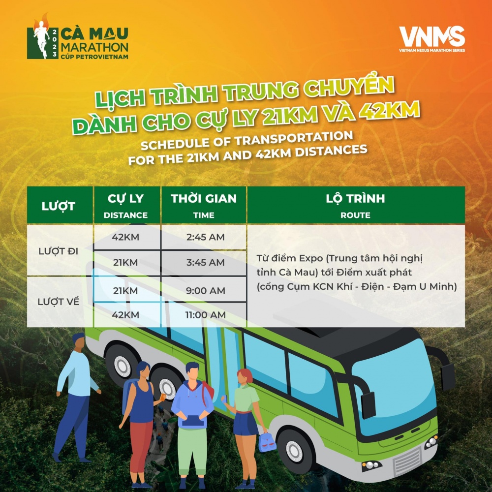 Đăng ký xe trung chuyển dành cho cự ly 21km và 42km của giải Marathon Cà Mau 2023