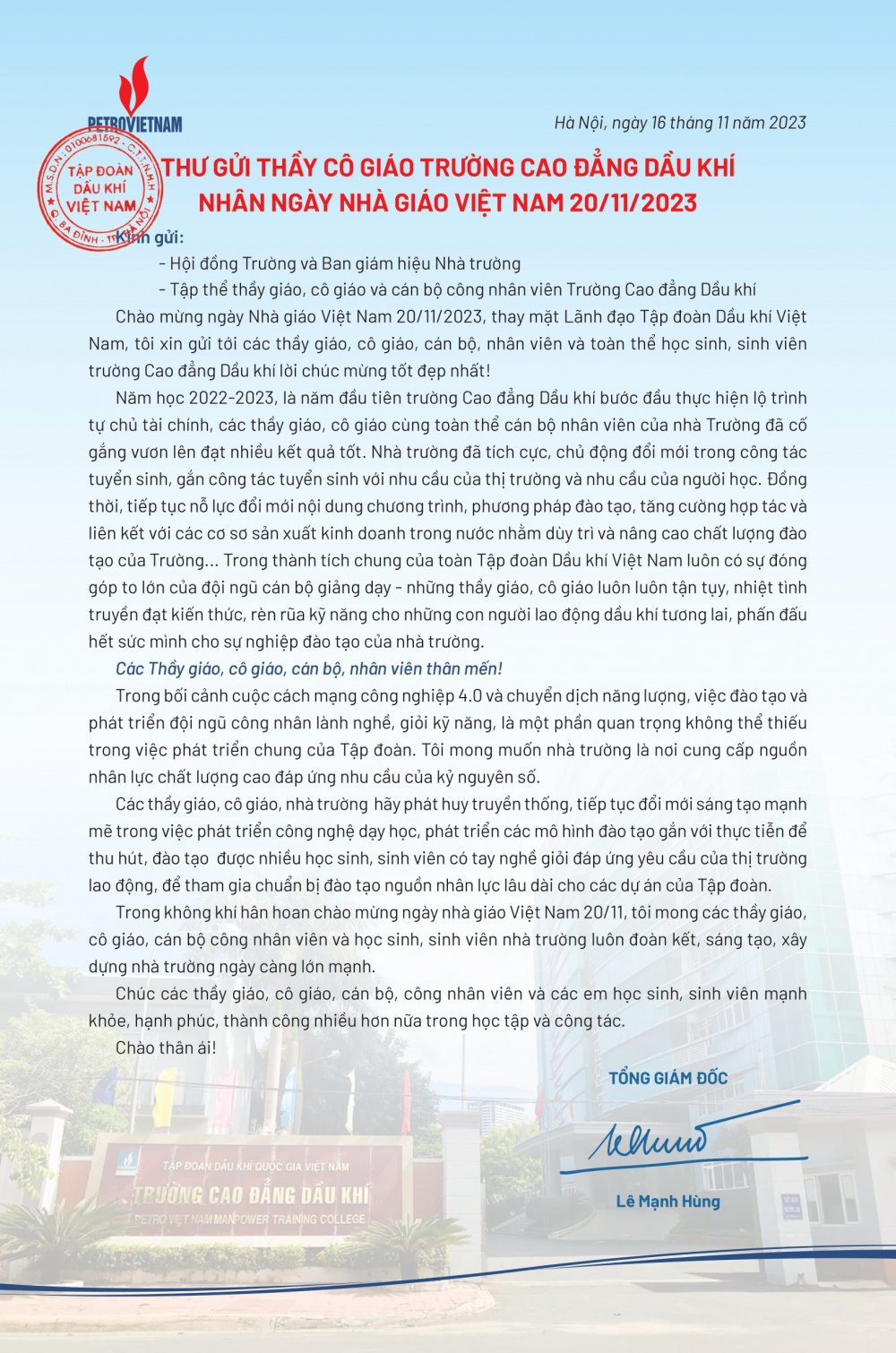 undefined Tổng Giám đốc Petrovietnam gửi thư chúc mừng Trường Cao đẳng Dầu khí nhân Ngày Nhà giáo Việt Nam