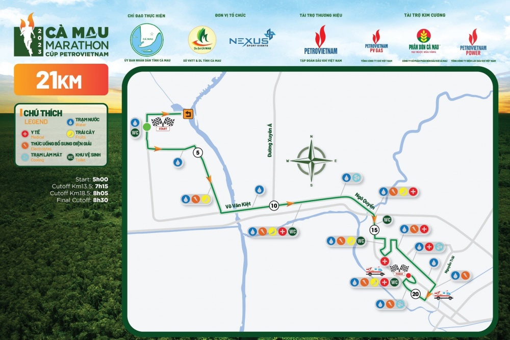 Bản đồ đường chạy 6 mốc cự ly của giải Marathon Cà Mau 2023 - Cúp Petrovietnam