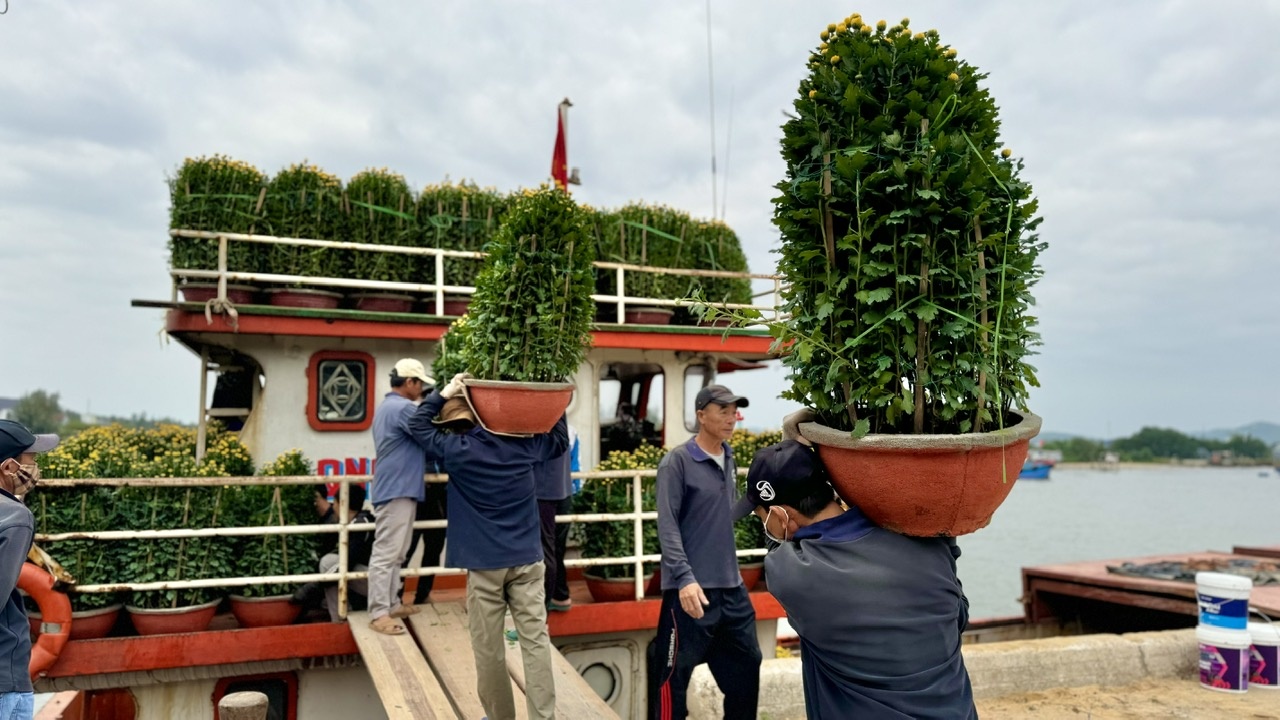 Các công nhân liên tục bốc, xếp hàng hoá lên tàu. Không khí những ngày giáp Tết thêm phần rộn ràng.