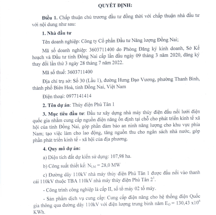 Thủy điện Phú Tân 1 sẽ cung cấp vào lưới điện quốc gia hằng năm là 130,43 triệu kWh