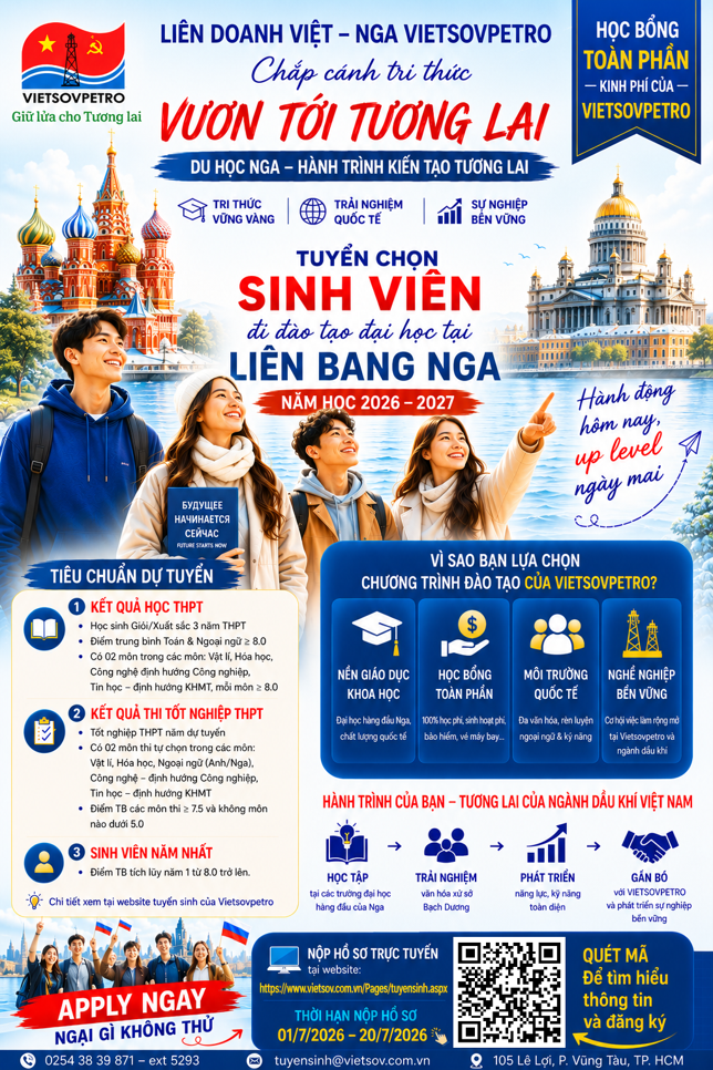 Vietsovpetro tuyển chọn 12 sinh viên tài năng đào tạo hệ Đại học tại Liên bang Nga năm học 2026-2027