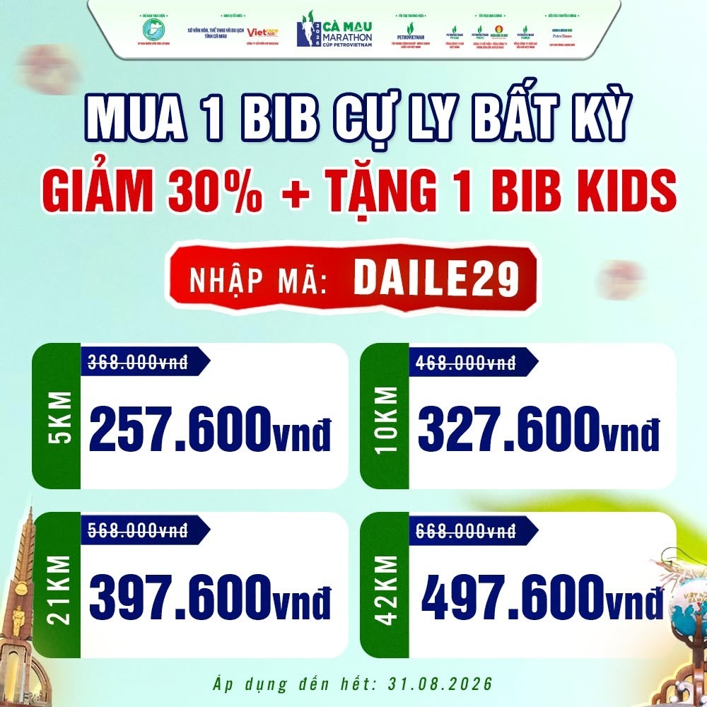 Cà Mau Marathon 2026 - Cúp PETROVIETNAM tung ưu đãi 30% nhân dịp Quốc khánh 2/9 Cà Mau Marathon 2026 - Cúp PETROVIETNAM tung ưu đãi 30% nhân dịp Quốc khánh 2/9