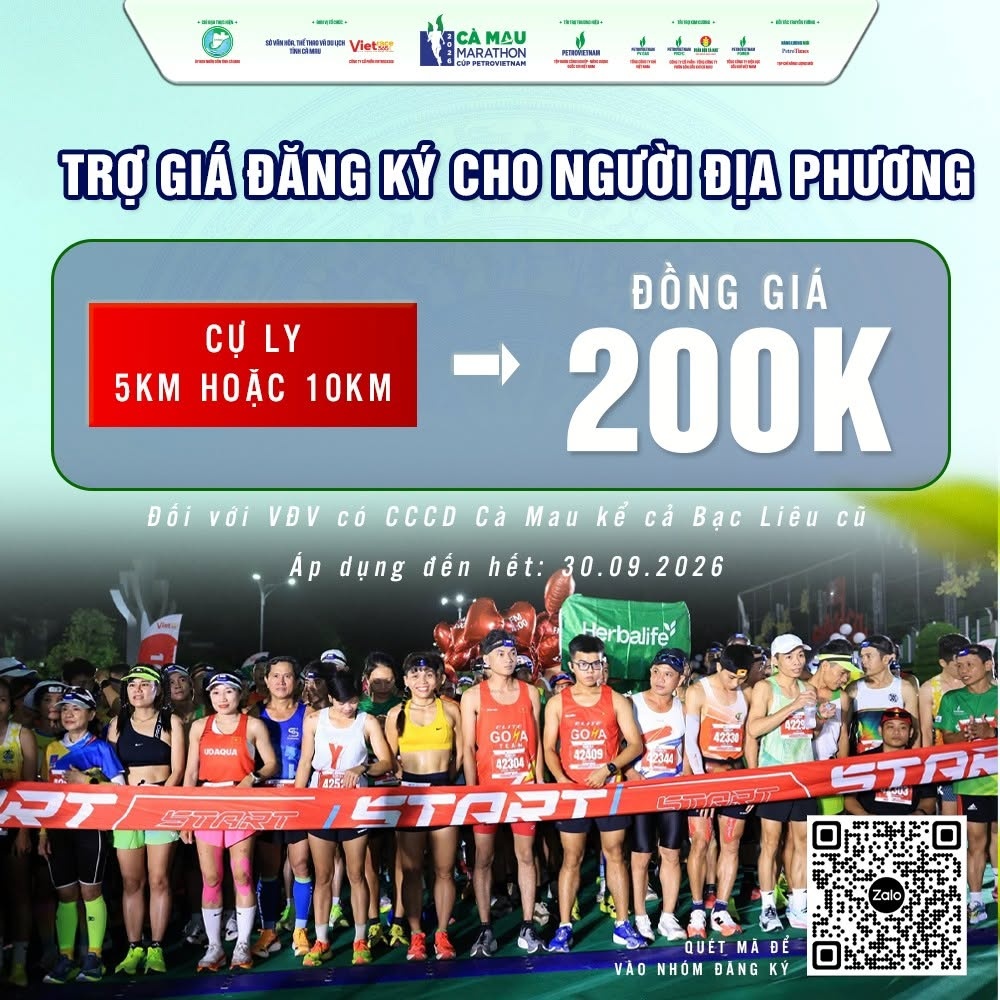 Cà Mau Marathon 2026 - Cúp PETROVIETNAM tung ưu đãi 30% nhân dịp Quốc khánh 2/9 Cà Mau Marathon 2026 - Cúp PETROVIETNAM tung ưu đãi 30% nhân dịp Quốc khánh 2/9