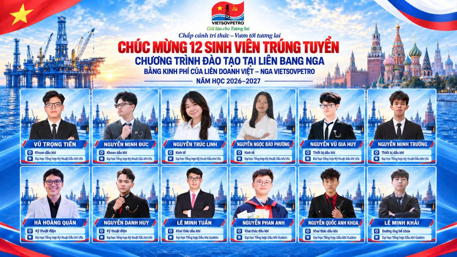 Vietsovpetro: 12 sinh viên trúng tuyển chương trình đào tạo tại Liên bang Nga