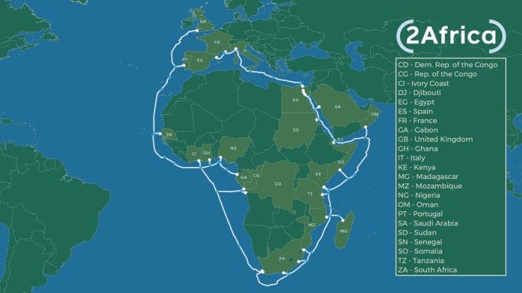 Khi Google và Facebook “chơi lớn”! Tuy nhiên, 2Africa, dự án cáp dưới biển lớn nhất thế giới, vẫn có sự góp mặt của công ty Trung Quốc.