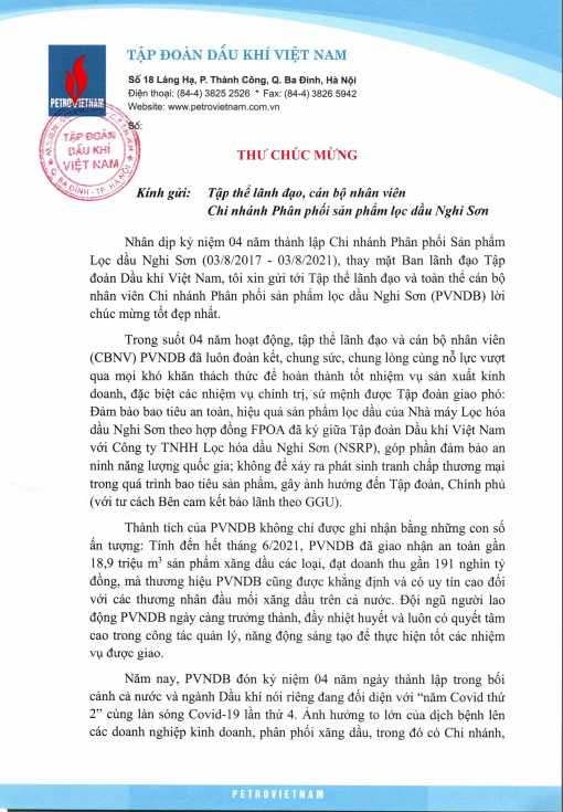 Tổng Giám đốc Petrovietnam gửi thư chúc mừng tập thể lãnh đạo, CBNV Chi nhánh Phân phối sản phẩm lọc dầu Nghi Sơn