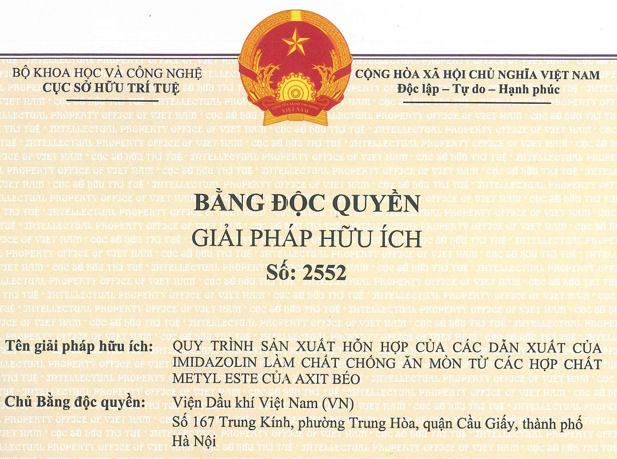 VPI được cấp bằng độc quyền về nghiên cứu sản xuất phụ gia chống ăn mòn
