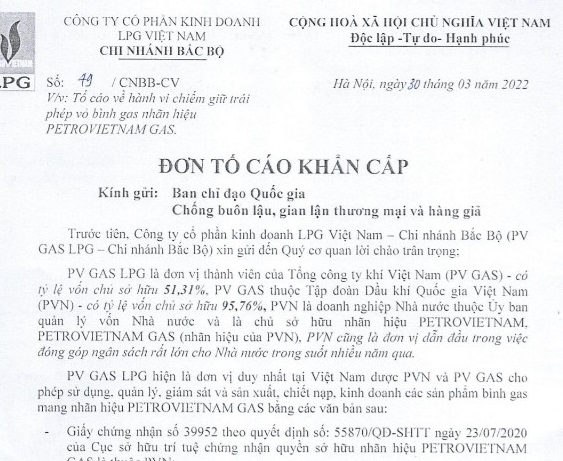 Đơn tố cáo của PV GAS LPG gửi Ban Chỉ đạo 389 quốc gia.