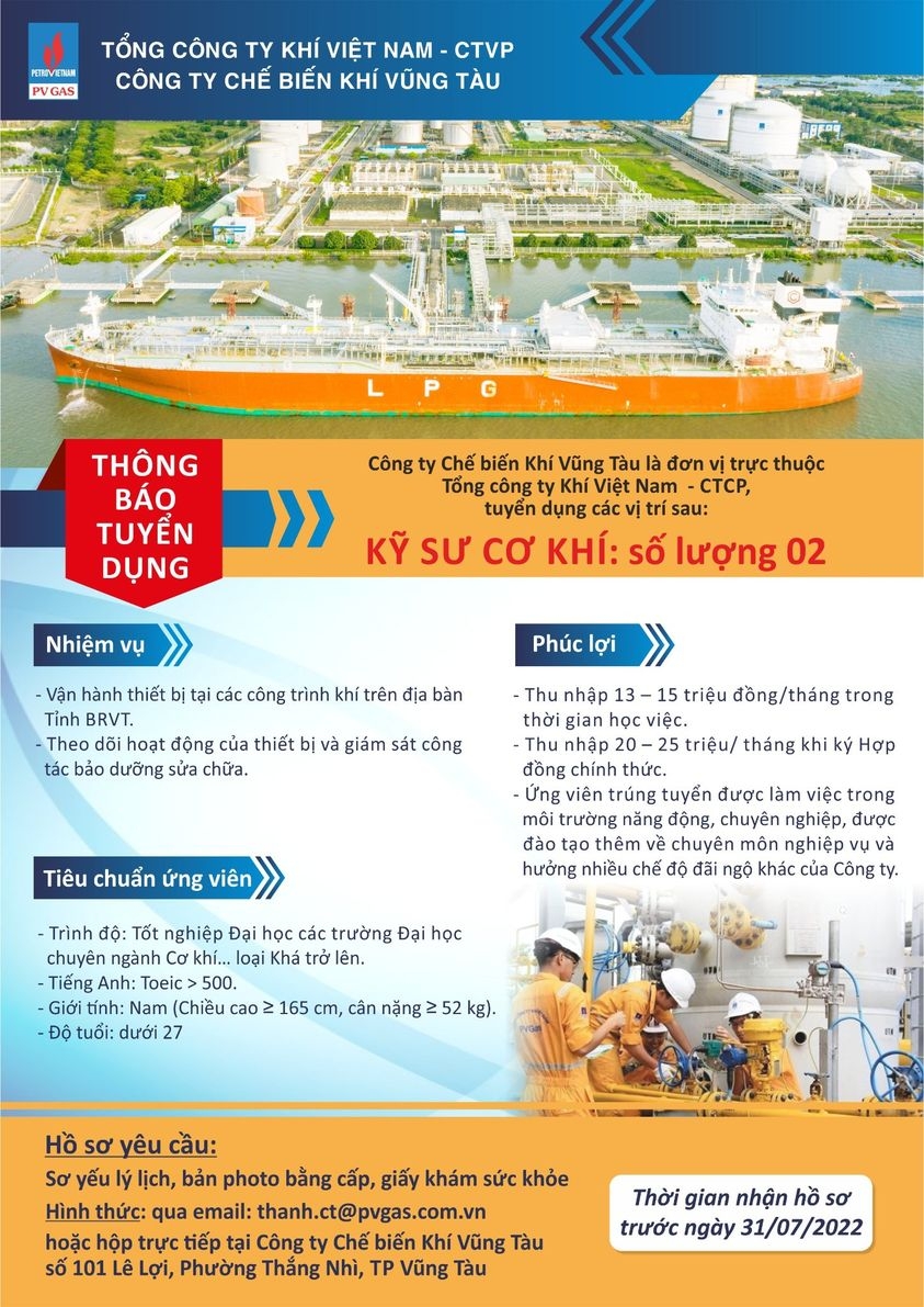 Công ty Chế biến Khí Vũng Tàu tuyển Kỹ sư cơ khí