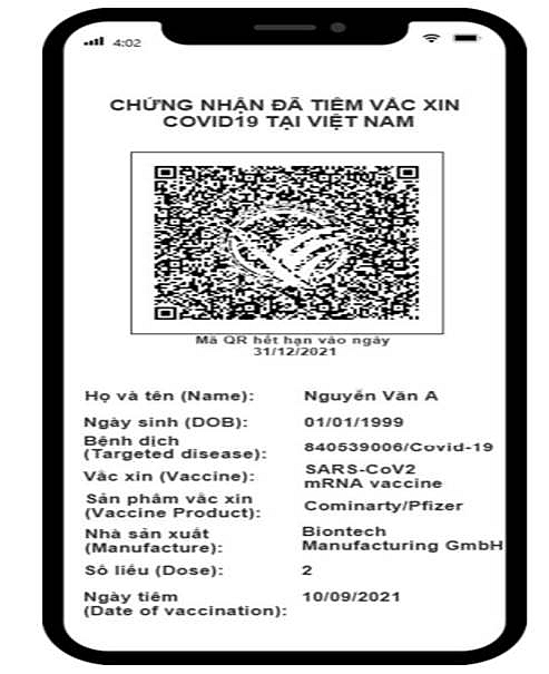Minh họa Chứng nhận điện tử đã tiêm vaccine COVID-19 của Việt Nam trên thiết bị di động. Minh họa Chứng nhận điện tử đã tiêm vaccine COVID-19 của Việt Nam trên thiết bị di động.