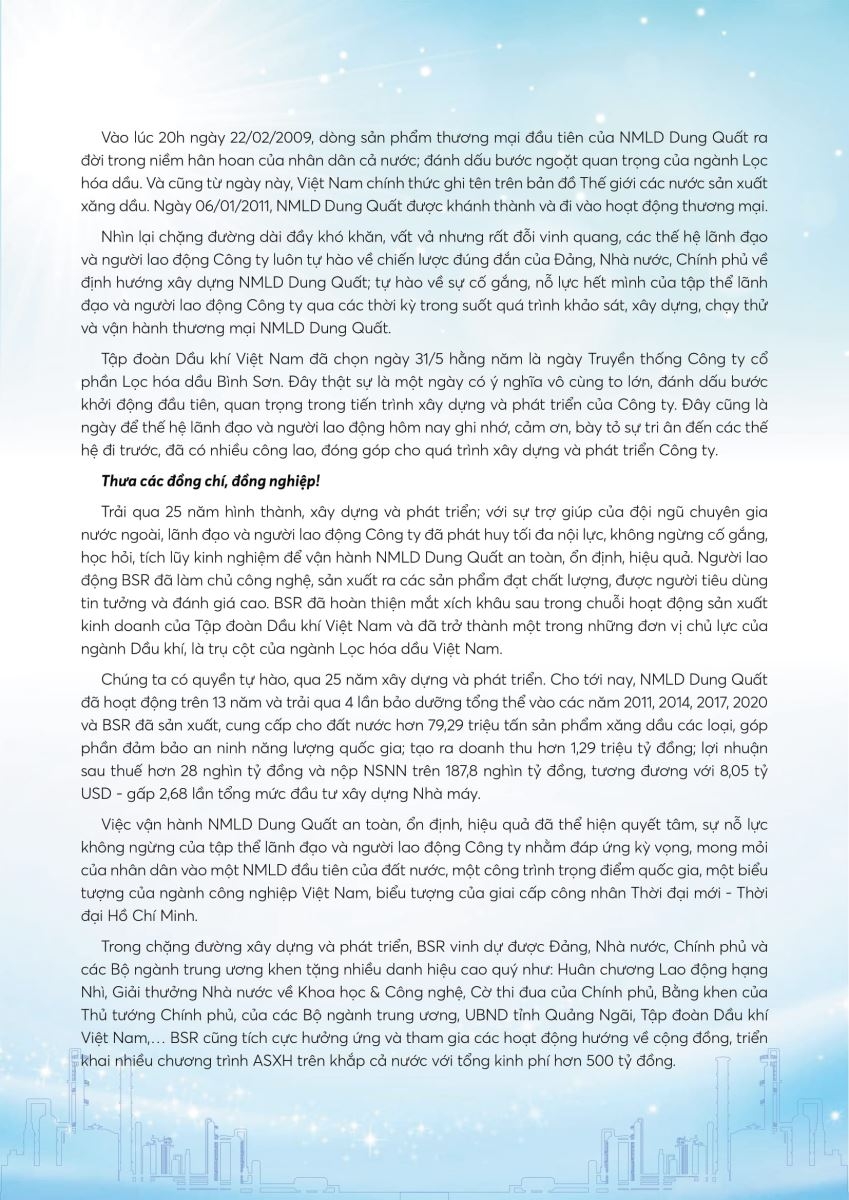 Thư chúc mừng nhân Kỷ niệm 25 năm Ngày Truyền thống Công ty cổ phần Lọc hóa dầu Bình Sơn
