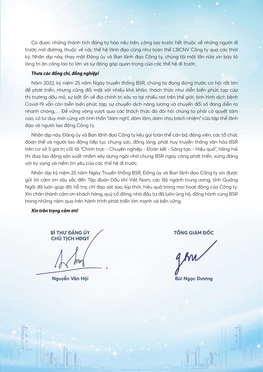 Thư chúc mừng nhân Kỷ niệm 25 năm Ngày Truyền thống Công ty cổ phần Lọc hóa dầu Bình Sơn
