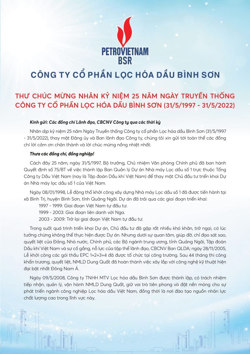 Thư chúc mừng nhân Kỷ niệm 25 năm Ngày Truyền thống Công ty cổ phần Lọc hóa dầu Bình Sơn