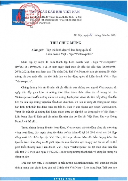 Tổng Giám đốc Petrovietnam gửi thư chúc mừng tập thể CBCNV Vietsovpetro nhân dịp kỷ niệm 40 năm thành lập và 35 năm khai thác tấn dầu thô đầu tiên